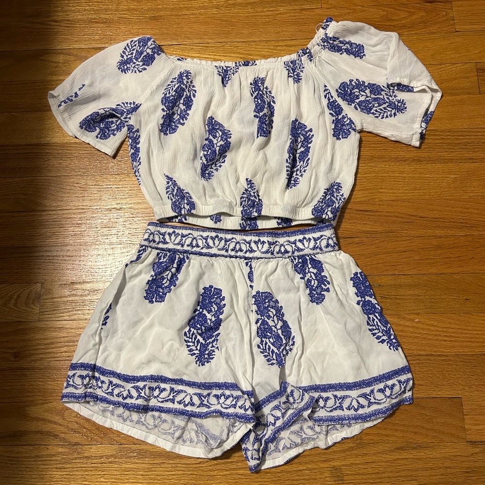 Blue and White Off-Shoulder Romper